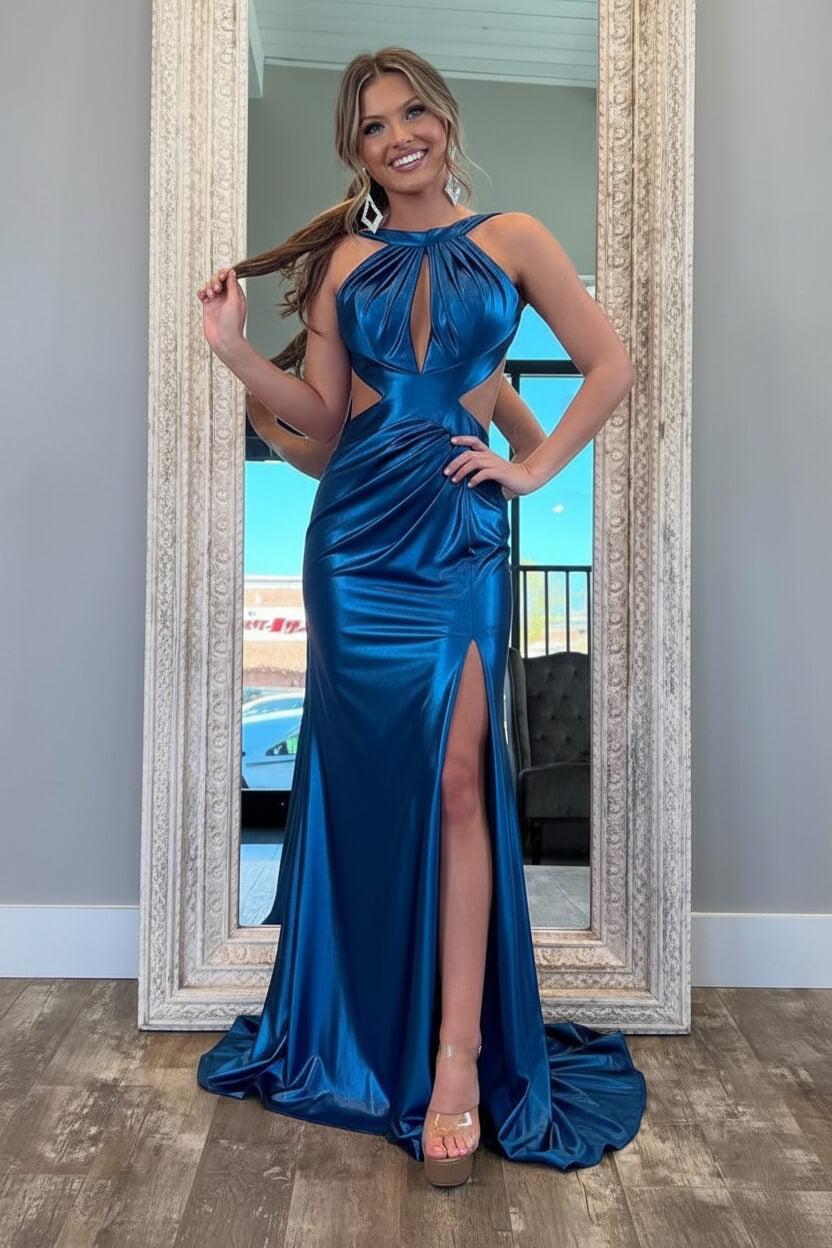 Suzhoufashion Stylish Fuchsia Metallic Mermaid Prom Dress With Slit And Open Back Formal Evening Gown