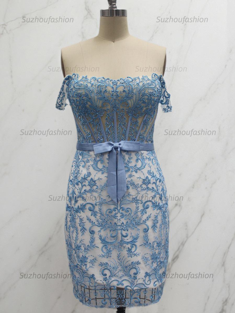 Suzhoufashion Off-Shoulder Lace Bodycon Homecoming Dress with Bow
