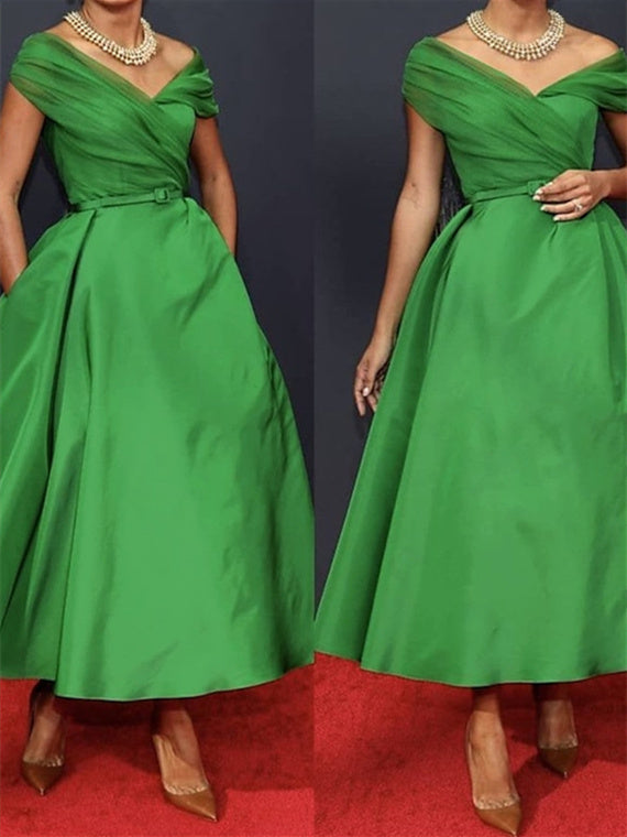 Off Shoulder Sleeveless A Line Ruched Ankle Length Dress for the Mother of the Bride