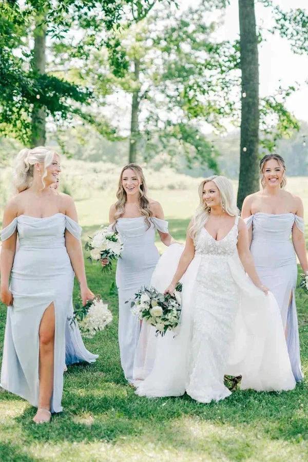 Off-Shoulder Pleated Light Blue Long Bridesmaid Dress with Split (ZD12852) - VelvetHem