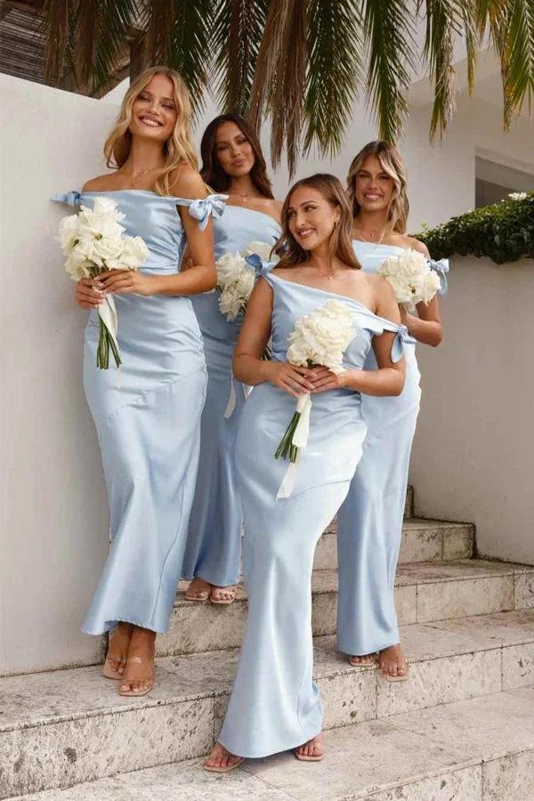 Off-Shoulder Sheath Pleated Satin Light Blue Bridesmaid Dress (ZD12846)