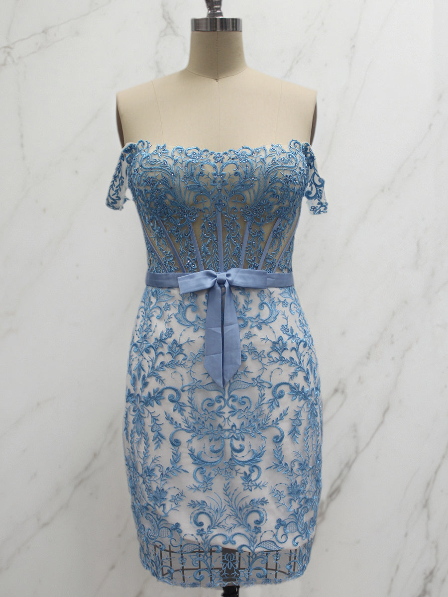 Off-Shoulder Lace Bodycon Homecoming Dress with Bow