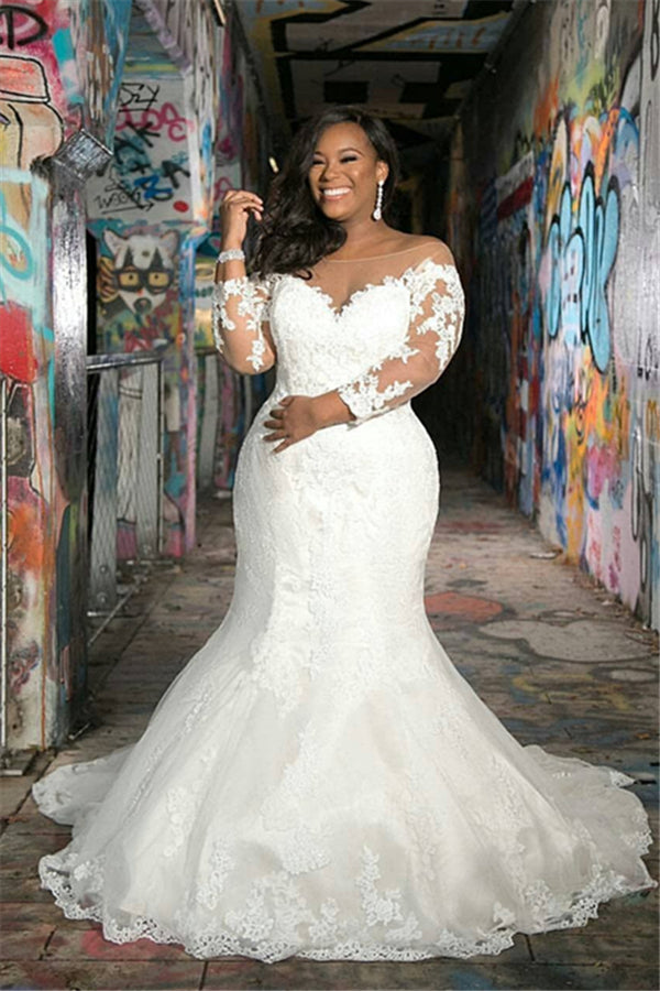 Off The Shoulder Appliques Wedding Dresses | Sheer Tulle Plus Size Memaid Bridal Gowns