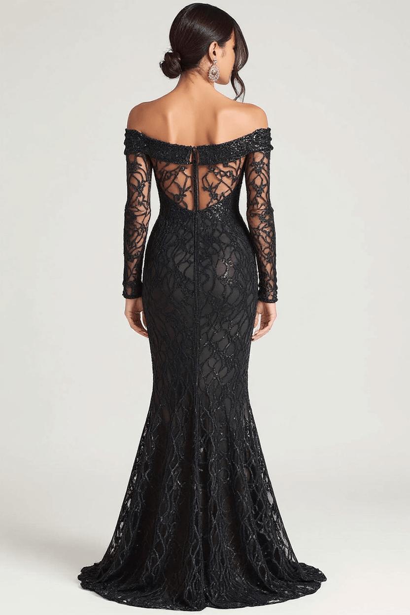 Off The Shoulder Black Wedding Guest Dress Sheath Formal Dress With Lace Long Sleeves