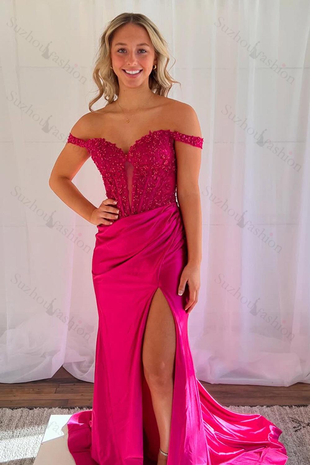 Off The Shoulder Blush Prom Dress Mermaid Corset Floor Length Formal Dress With Appliques