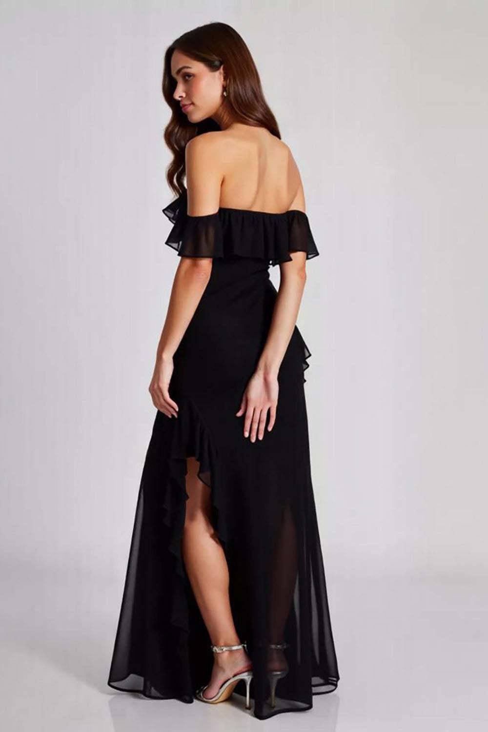 Off The Shoulder Chiffon Black Wedding Guest Dress Formal Dress With Slit