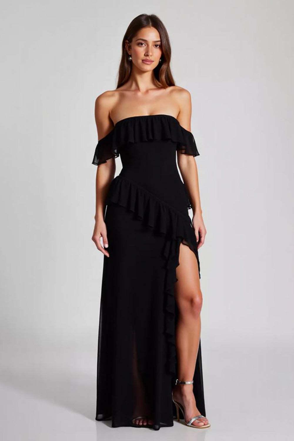 Off The Shoulder Chiffon Black Wedding Guest Dress Formal Dress With Slit