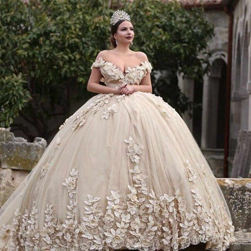 Off The Shoulder Flowers Gorgeous Wedding Dress Puffy Tulle Beaded Crystals Ball Gown Princess Bride Dress