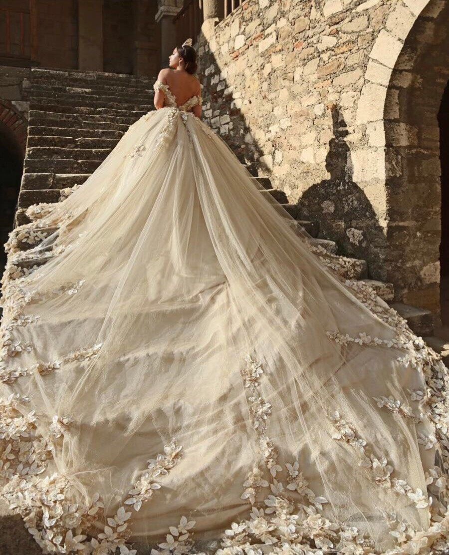Off The Shoulder Flowers Gorgeous Wedding Dress Puffy Tulle Beaded Crystals Ball Gown Princess Bride Dress