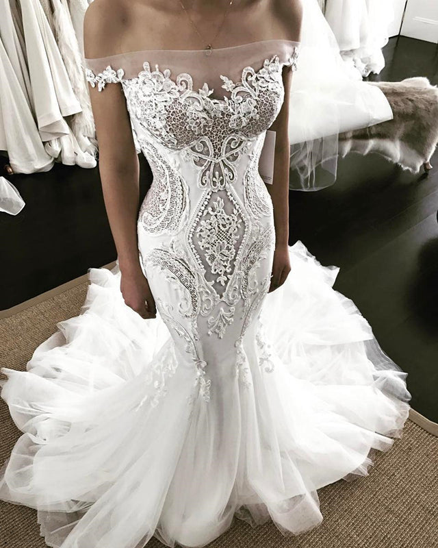 Off The Shoulder Lace Appliques Mermaid Wedding Dresses | Sheer Tulle Sweep Train Bridal Gowns Online