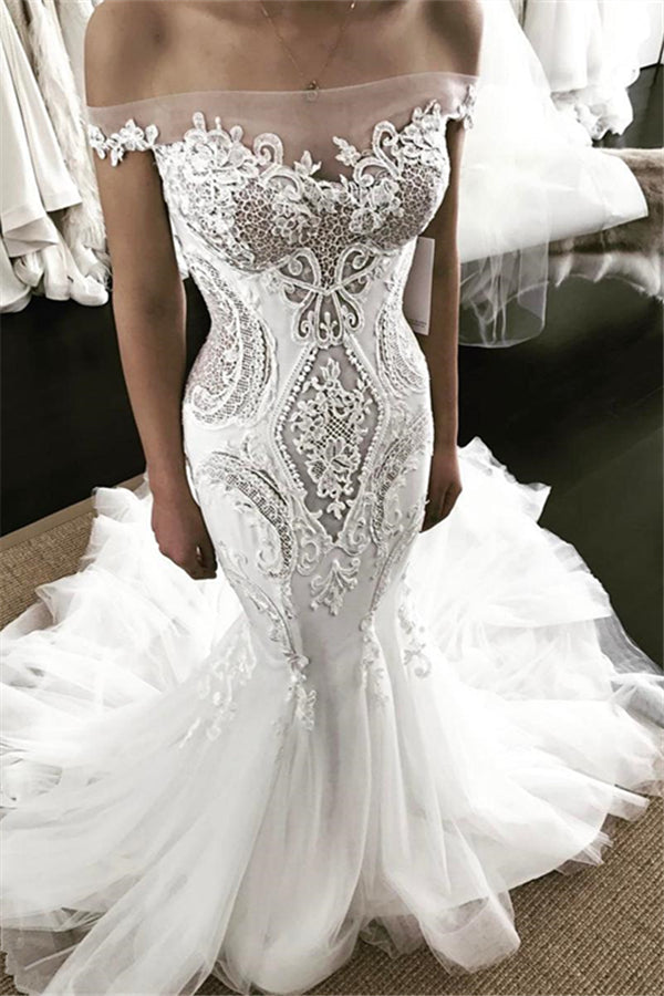 Off The Shoulder Lace Appliques Mermaid Wedding Dresses | Sheer Tulle Sweep Train Bridal Gowns Online