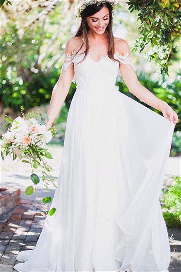 Off The Shoulder Lace Sweetheart Beach Beach Wedding Dress Chiffon Summer Outdoor Bridal Gowns BA3769