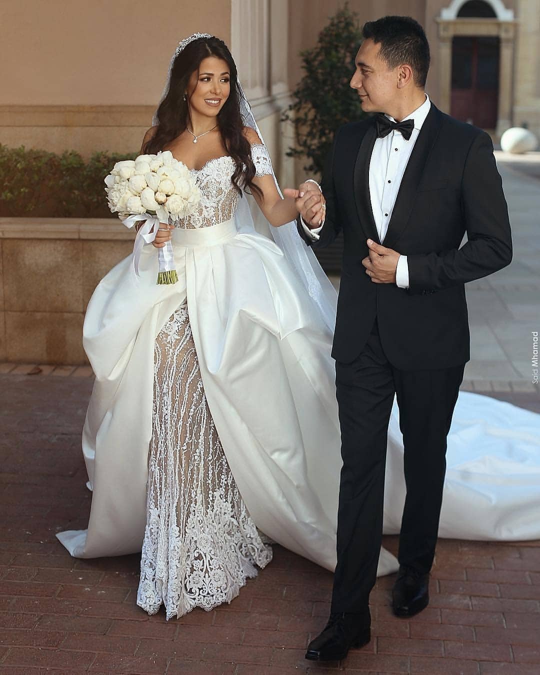 Off The Shoulder Lace Wedding Dresses | Satin Overskirt Long Train Sexy Bridal Gowns