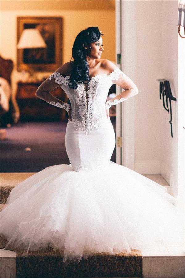 Off The Shoulder Mermaid Wedding Dresses | Lace Appliques Elegant Long Sleeve Bridal Gowns
