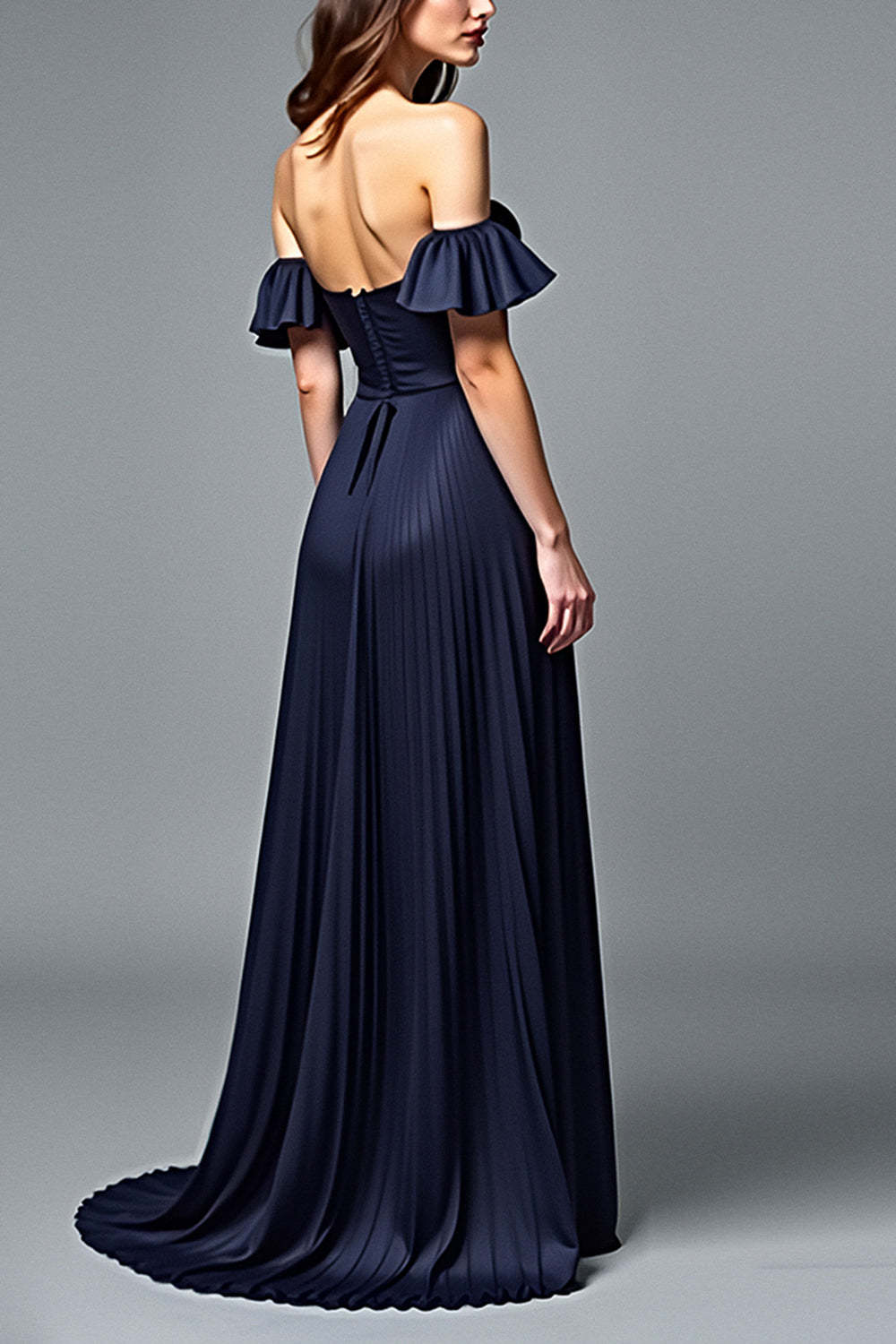 Off The Shoulder Navy Wedding Guest Dress A Line Pleated Formal Dress With Ruffles