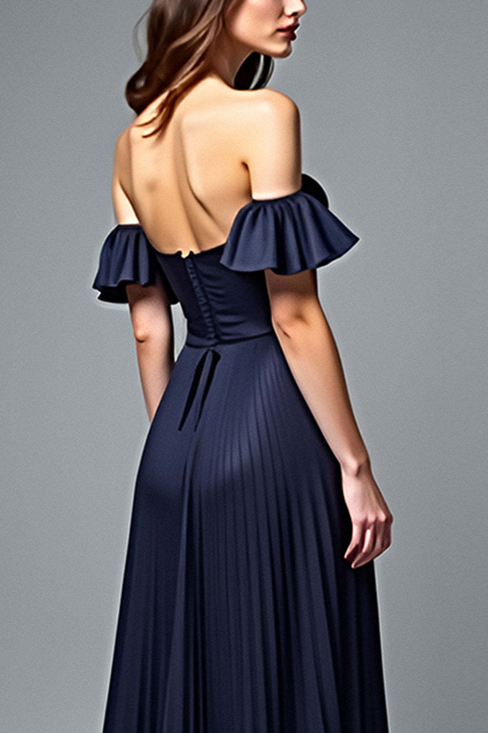 Off The Shoulder Navy Wedding Guest Dress A Line Pleated Formal Dress With Ruffles
