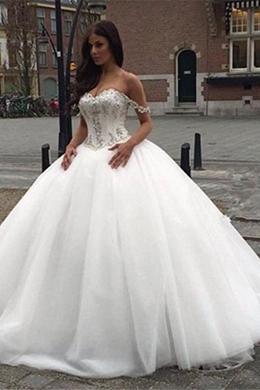 Off The Shoulder Princess Wedding Dress Sweetheart Crystals Ball Gown Bride Dress