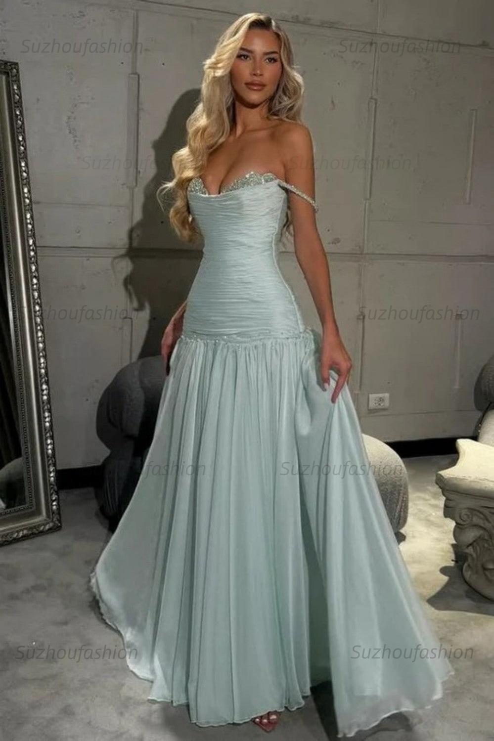 Off The Shoulder Prom Dress Sleeveless Pleated A Line Formal Evening Gown