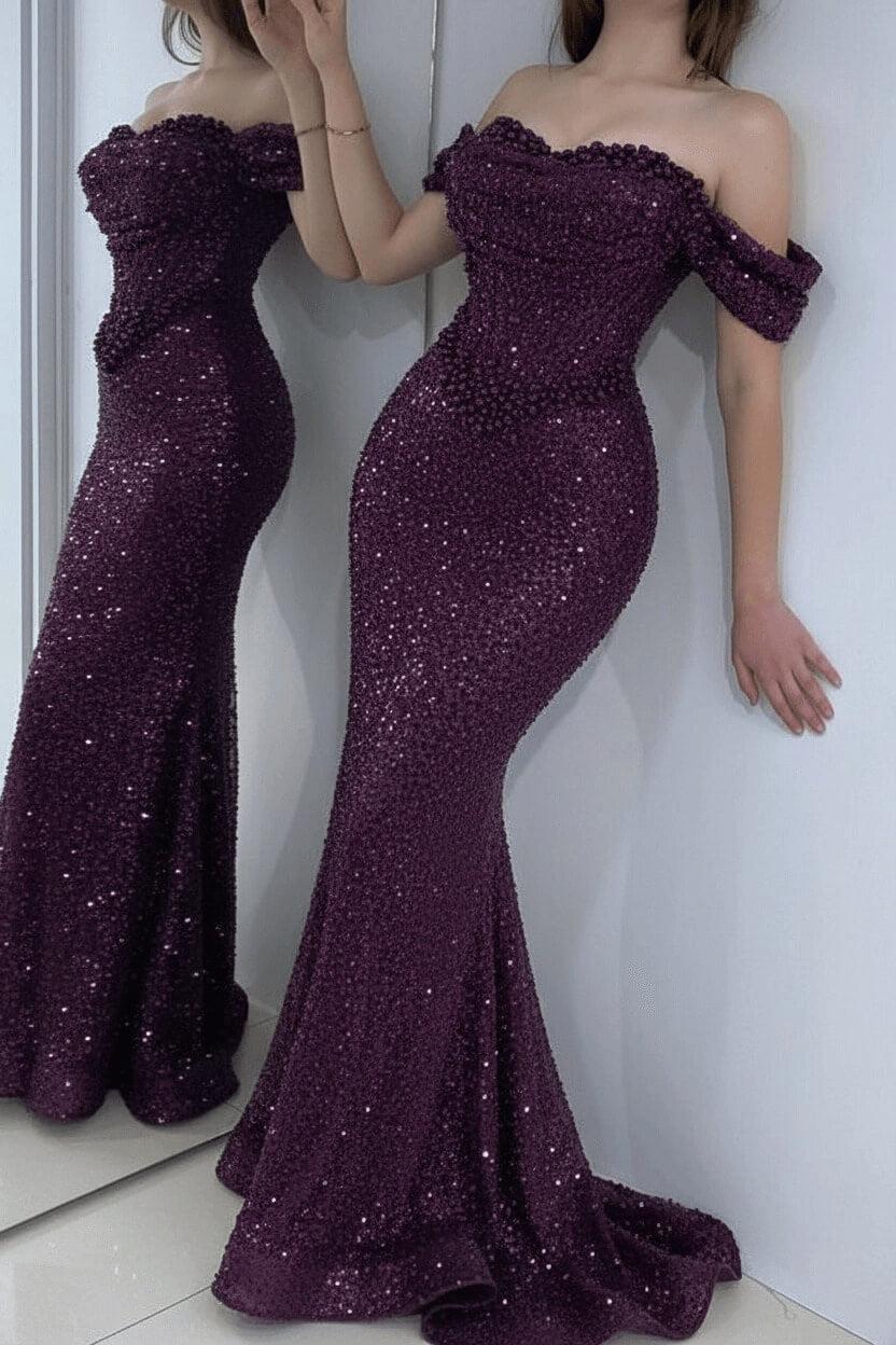 Champagne Prom Dress Mermaid Sweetheart Beaded Off The Shoulder Formal Dress With Pearls