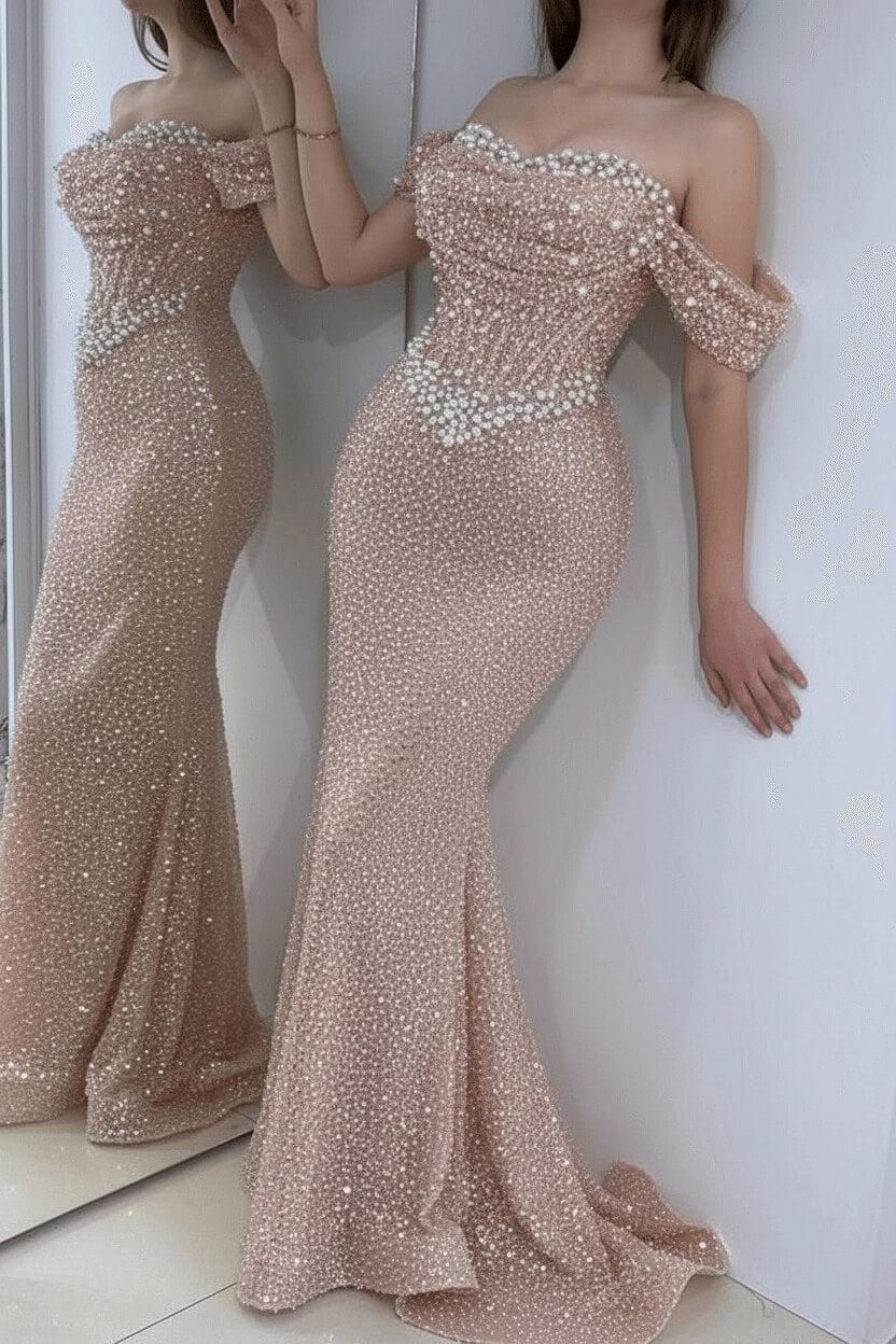 Champagne Prom Dress Mermaid Sweetheart Beaded Off The Shoulder Formal Dress With Pearls