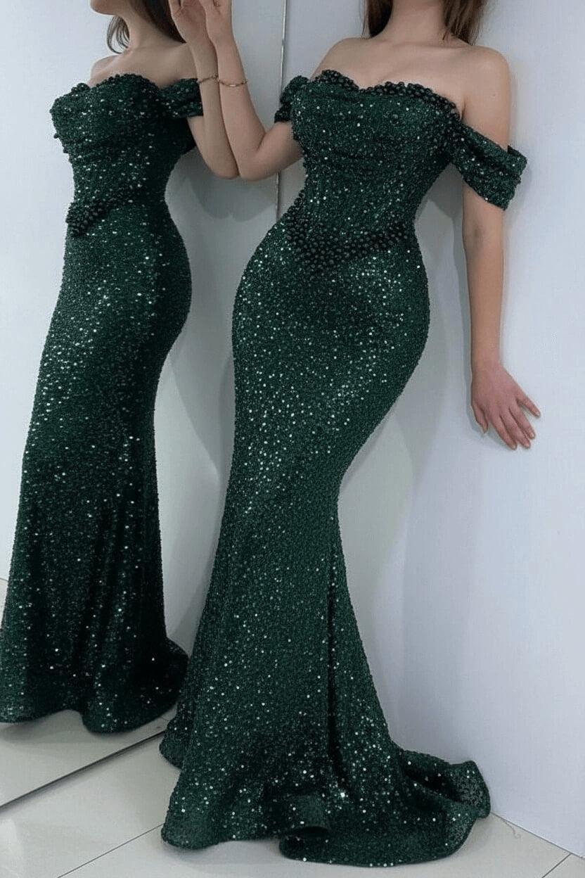 Champagne Prom Dress Mermaid Sweetheart Beaded Off The Shoulder Formal Dress With Pearls