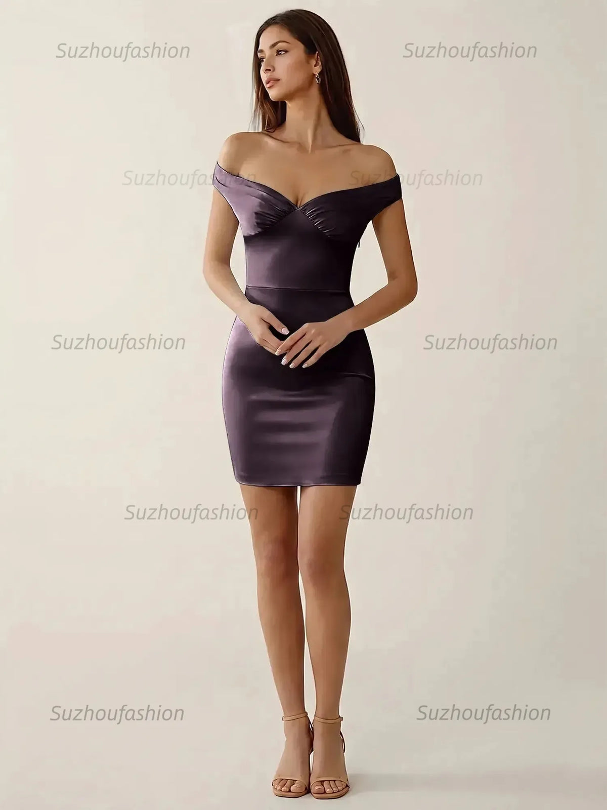 Suzhoufashion Off-The-Shoulder Ruched Satin Homecoming Dresses Mini Cocktail Dress