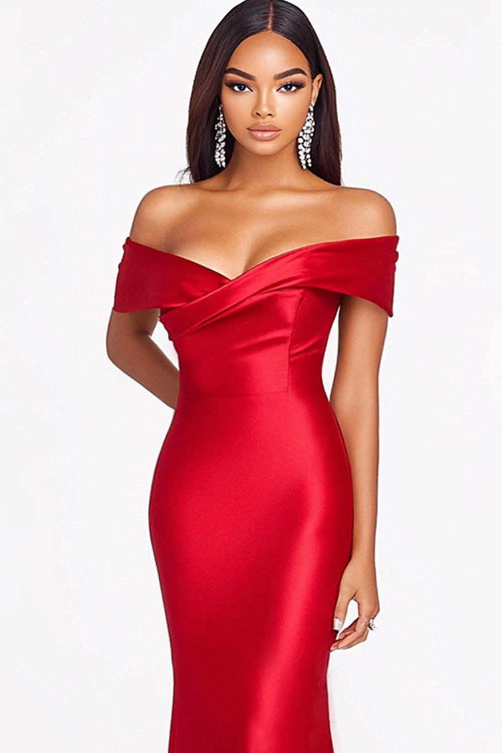 Off The Shoulder Satin Red Wedding Guest Dress Mermaid Formal Dress