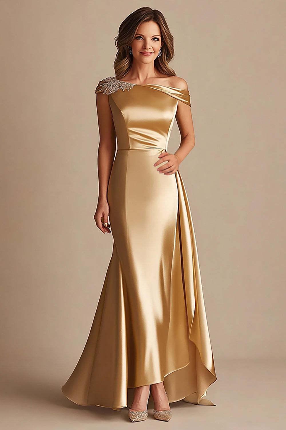Off The Shoulder Sheath Gold Satin Long Formal Dress