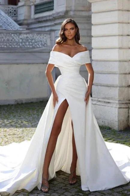 Off The Shoulder Stain Split Front Mermaid Princess Wedding Dress with Ruffles (ZD15723)