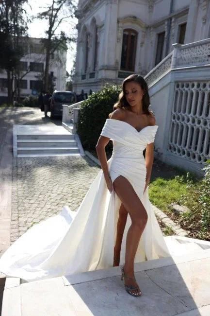 Off The Shoulder Stain Split Front Mermaid Princess Wedding Dress with Ruffles (ZD15723) - VelvetHem