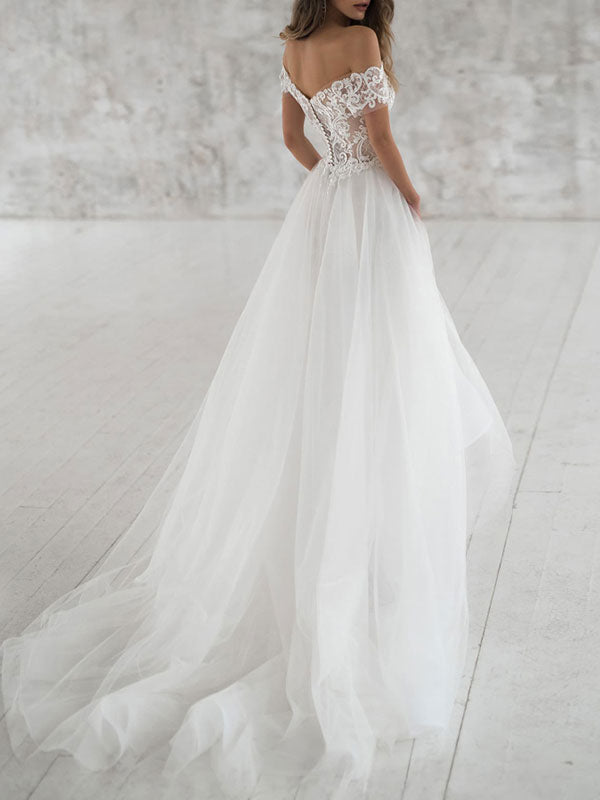 Off The Shoulder Sweetheart Tulle Lace White Wedding Dresses