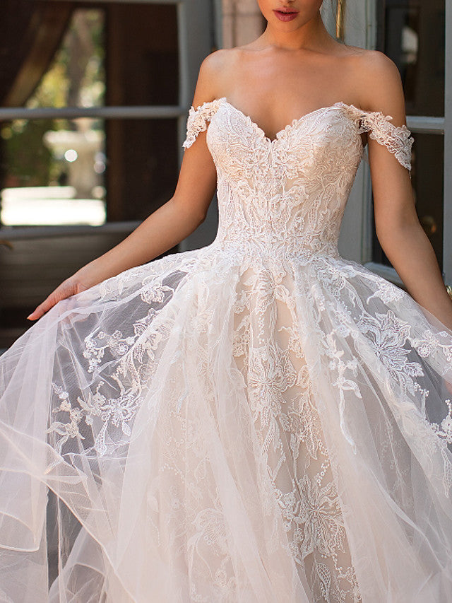 Off The Shoulder Tulle Appliques Ruffles Wedding Dresses Long