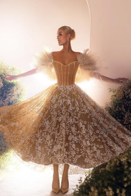 Off The Shoulder Wedding Dress Ankle Length Sweetheart Lace Bridal Gown