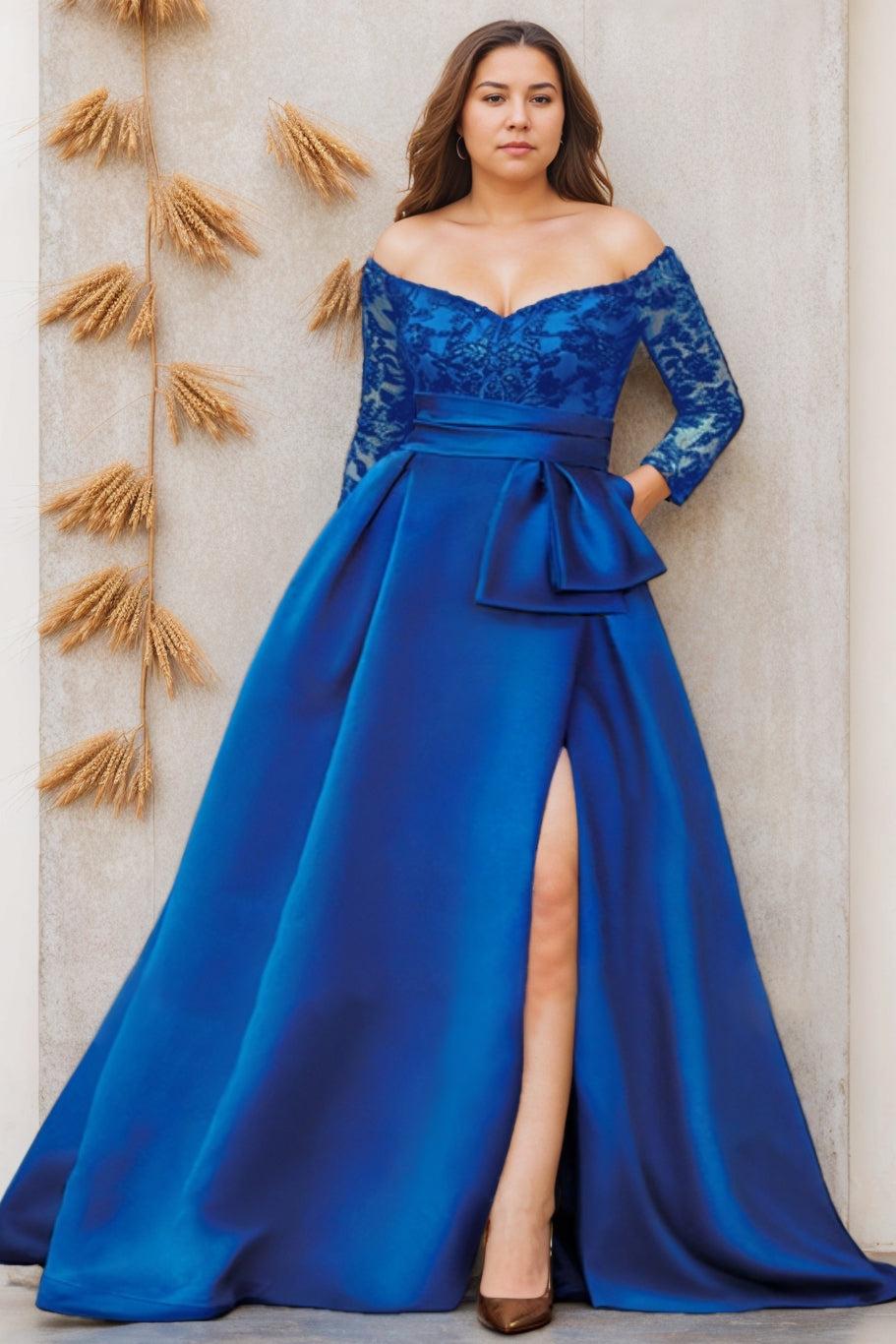 Off the Shoulder A Line Long Plus Size Mother of the Bride Dress with 3/4 Sleeves and Side Split