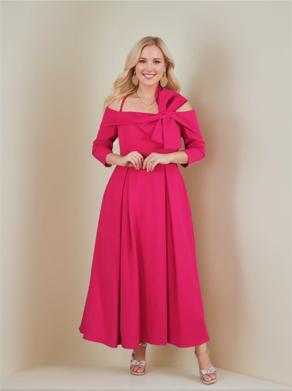 Off the Shoulder A Line Ankle Length Mother of the Bride Dress with Bow(s) and 3/4 Sleeves