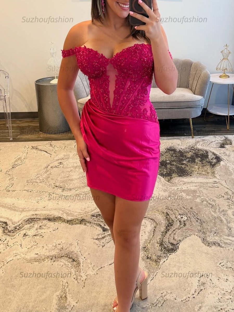 Suzhoufashion Off the Shoulder Appliques Ruched Tight Homecoming Dress