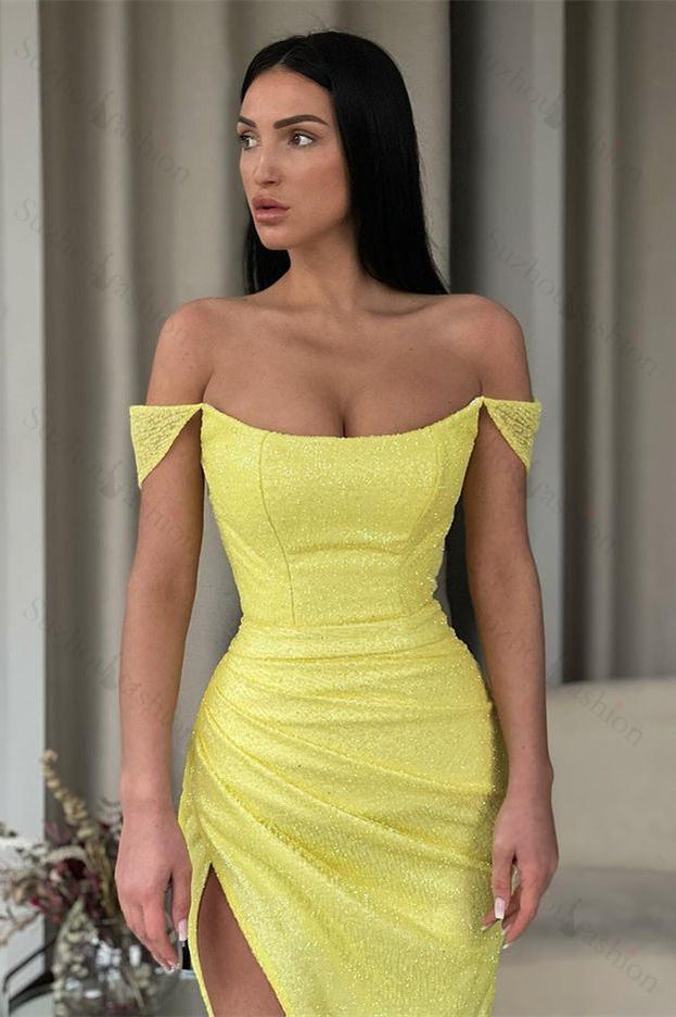 Off-the-Shoulder Daffodil Mermaid Evening Prom Dresses Sequins Slit Long Online