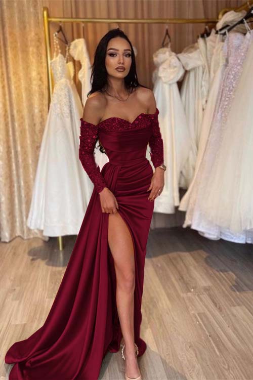 Off the Shoulder Long Sleeves Long Mermaid Evening Formal Dress With Pleated