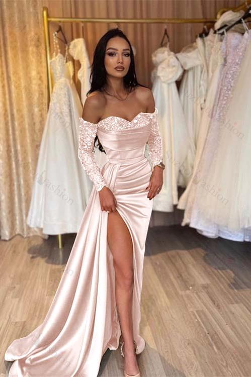 Off the Shoulder Long Sleeves Long Mermaid Evening Formal Dress With Pleated