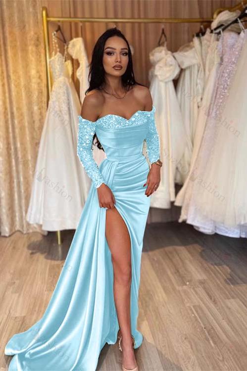 Off the Shoulder Long Sleeves Long Mermaid Evening Formal Dress With Pleated