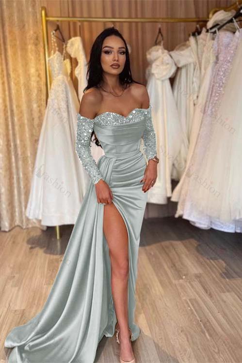 Off the Shoulder Long Sleeves Long Mermaid Evening Formal Dress With Pleated