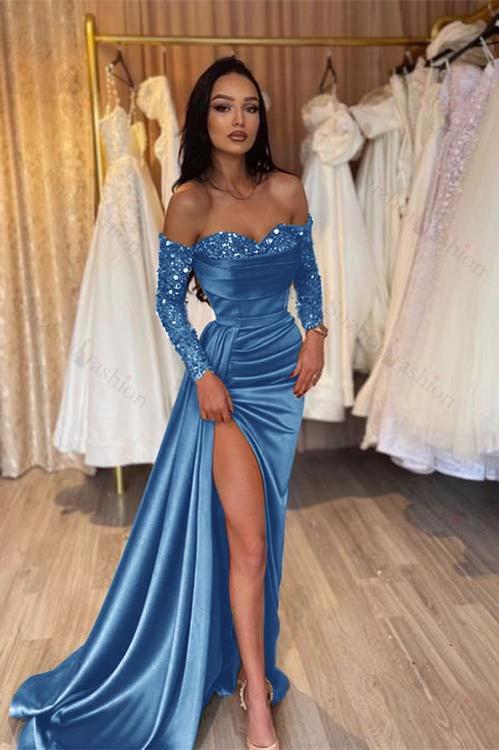 Off the Shoulder Long Sleeves Long Mermaid Evening Formal Dress With Pleated