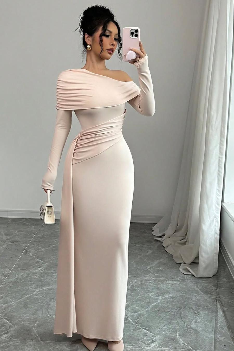 Off the Shoulder Long Sleeves Long Mermaid Evening Formal Dress With Ruffled