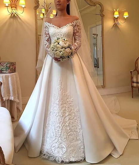 Off-the-Shoulder Long-Sleeves Wedding Dresses | Lace A-Line Bridal Gowns WW0109