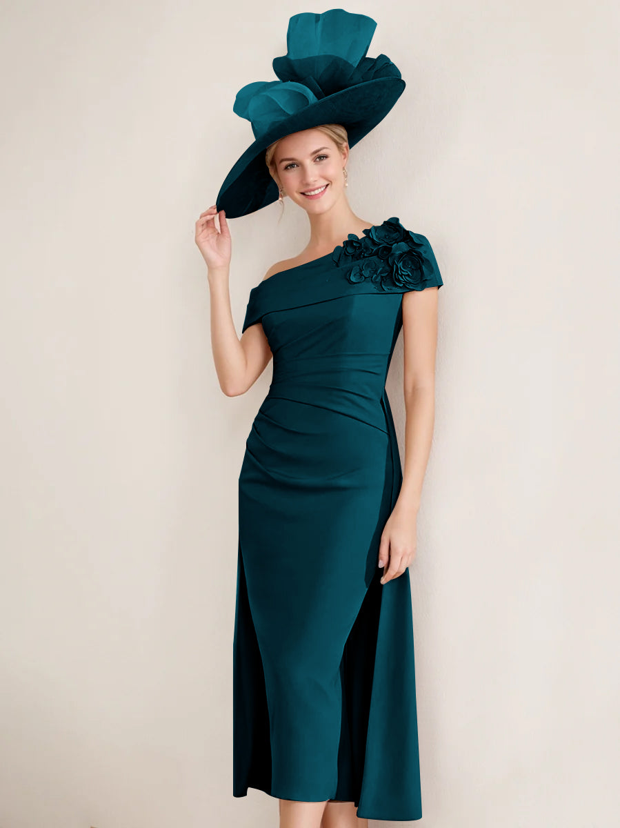 Off the Shoulder Pleated Tea Length Mother of the Bride Dress with 3D Flower in Sheath Column Style