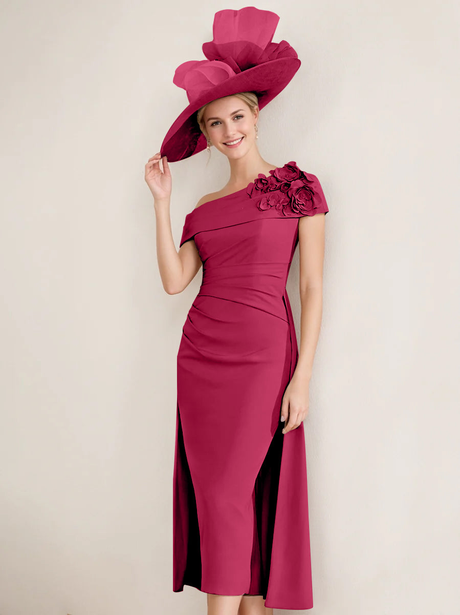 Off the Shoulder Pleated Tea Length Mother of the Bride Dress with 3D Flower in Sheath Column Style
