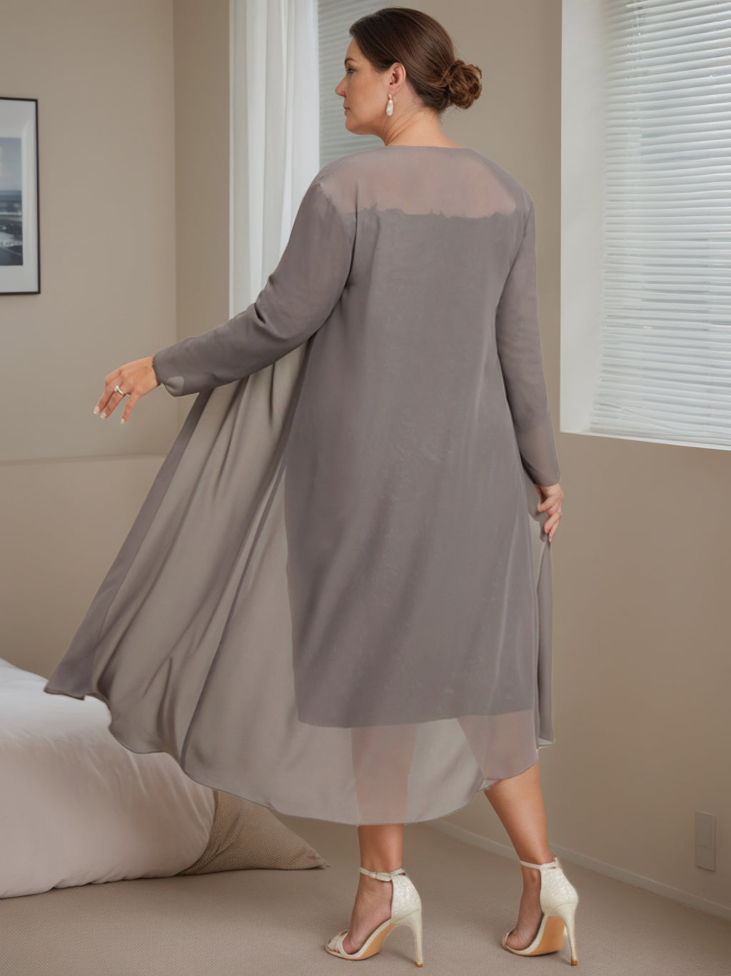 Off the Shoulder Plus Size Mother of the Bride Dress with 3/4 Sleeves and Jacket Knee Length Sheath Column Style
