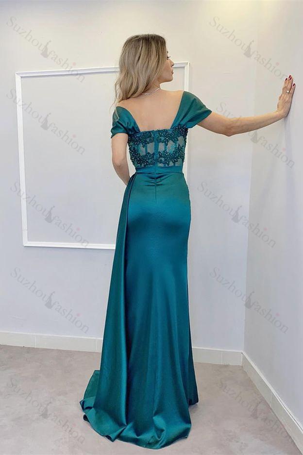 Off the Shoulder Prom Dress Long Split Evening Formal Dress With Appliques Pleated