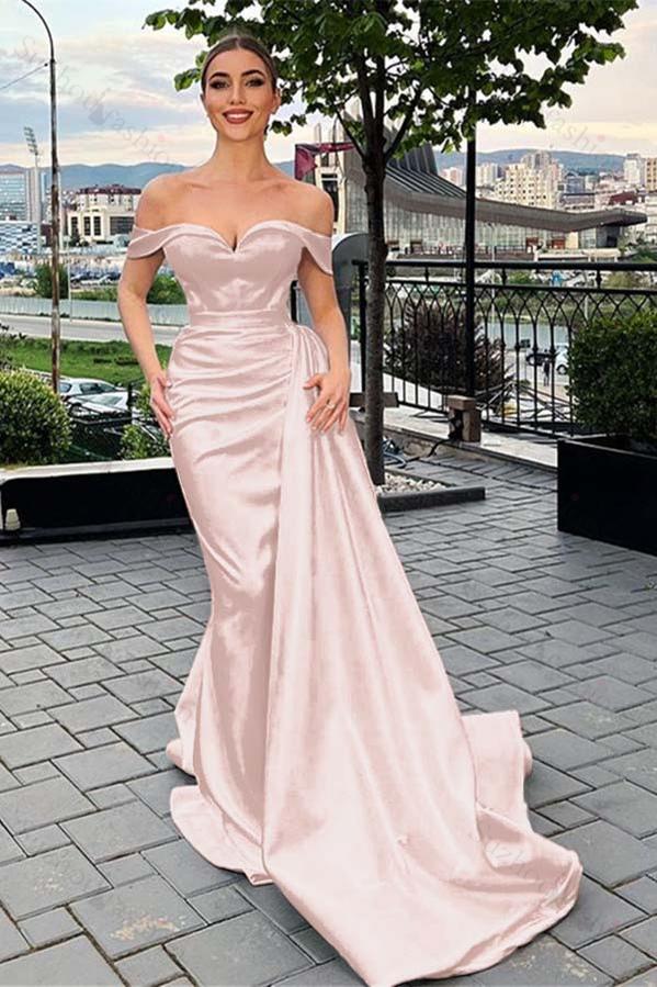 Off the Shoulder Prom Dress Mermaid Sleeveless White Prom Dress Pleated Evening Formal Dress With Ruffled