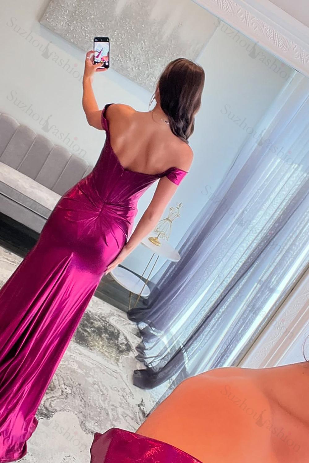 Off the Shoulder Prom Dress Ruched Corset Metallic Mermaid Formal Dress With Slit